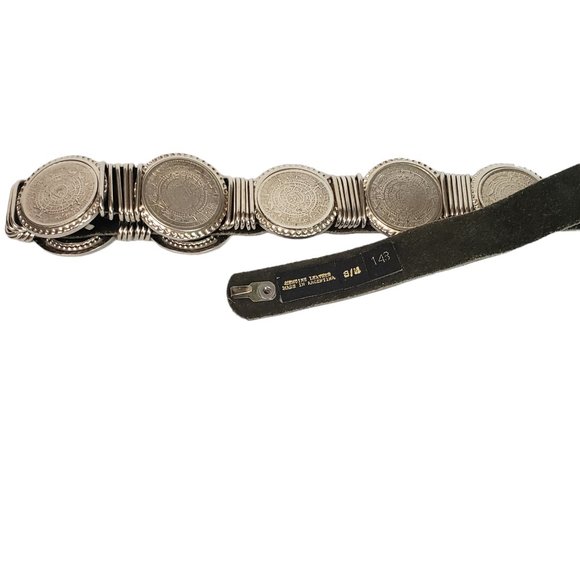 VTG Black Leather Concho Silver Medallion Bars Belt  Made In Argentina SZ S/M 34